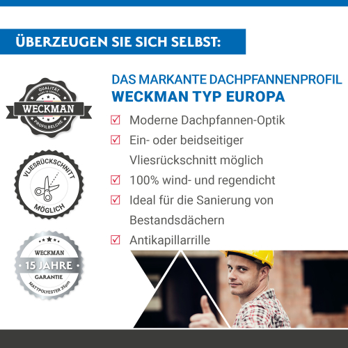 Pfannenblech Typ Europa Stahl 0,50 mm | 35 µm Mattpolyester | 32 Dunkelbraun | Anti-Tropf 110B Pfannenblech Typ Europa | Stahl 0,50 mm | 35 µm Mattpolyester | 32 Dunkelbraun | Anti-Tropf 110B #4