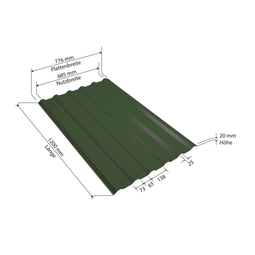 MINI-Trapezblech W-20/685 | 180x Palette | 1200 mm Stahl 0,40 mm | 25 µm Polyester | RAL 6020 Chromoxidgrün | 180 Stk. pro Palette MINI-Trapezblech W-20/685 | 180x Palette | 1200 mm | Stahl 0,40 mm | 25 µm Polyester | RAL 6020 Chromoxidgrün | 180 Stk. pro Palette #2