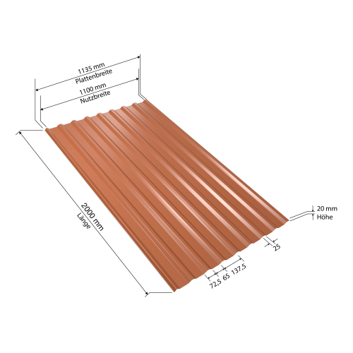 Trapezblech W-20/1100 | 60x Palette | 2000 mm Stahl 0,50 mm | 25 µm Polyester | RAL 8004 Kupferbraun | 60 Stk. pro Palette Trapezblech W-20/1100 | 60x Palette | 2000 mm | Stahl 0,50 mm | 25 µm Polyester | RAL 8004 Kupferbraun | 60 Stk. pro Palette #2