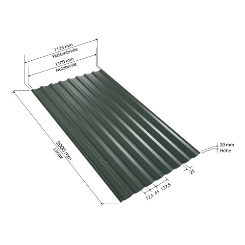 Trapezblech W-20/1100 | 60x Palette | 2000 mm | Stahl 0,50 mm | 25 µm Polyester | RAL 6020 Chromoxidgrün | 60 Stk. pro Palette #2