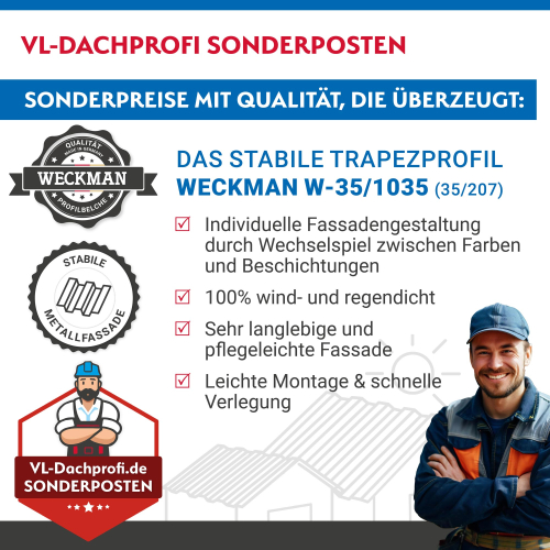 Trapezblech W-35/1035 | Wandprofil | Sonderposten | Stahl 0,50 mm | 25 µm Polyester | RAL 8004 Kupferbraun #2