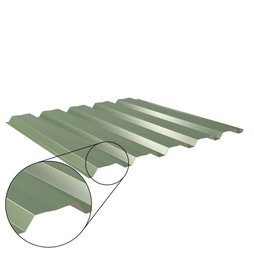 Trapezblech W-35/1035 mit Zusatzprägung | Wandprofil Stahl 0,50 mm | 25 µm Polyester | RAL 6011 Resedagrün Trapezblech W-35/1035 mit Zusatzprägung | Wandprofil | Stahl 0,50 mm | 25 µm Polyester | RAL 6011 Resedagrün #1