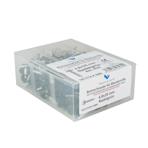 SKH-Schrauben | Kunststoff-Box 4,8 x 35 mm | 100 Stück | RAL 6020 Chromoxidgrün SKH-Schrauben | Kunststoff-Box