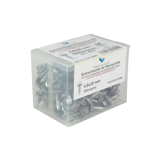 SKÜ-Schrauben | Kunststoff-Box 4,8 x 20 mm | 100 Stück | RAL 9007 Graualuminium SKÜ-Schrauben | Kunststoff-Box