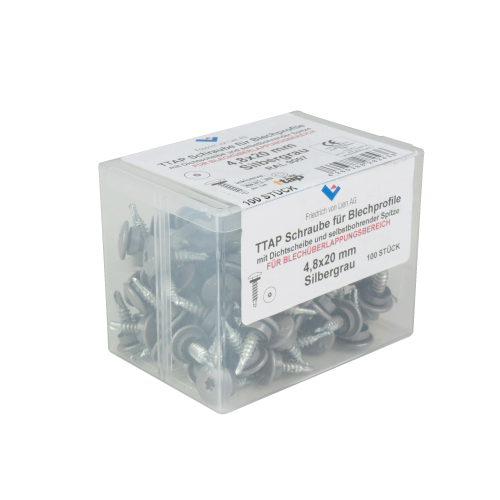 TTAP Schrauben | Kunststoff-Box 4,8 x 20 mm | 100 Stück | RAL 9007 Graualuminium TTAP Schrauben | Kunststoff-Box