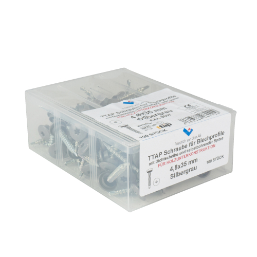 TTAP Schrauben | Kunststoff-Box 4,8 x 35 mm | 100 Stück | RAL 9007 Graualuminium TTAP Schrauben | Kunststoff-Box