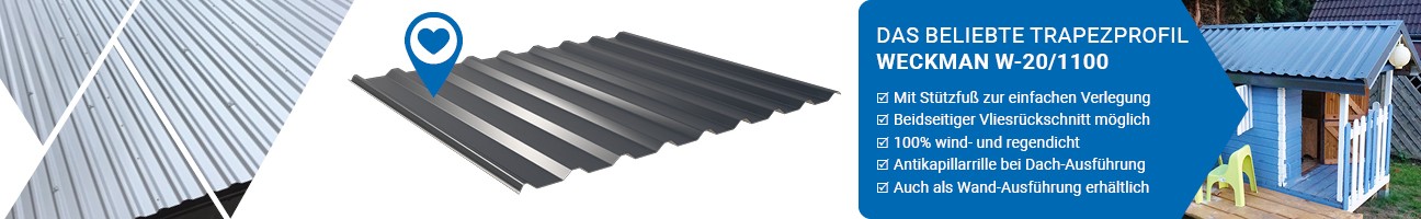 Gartenhausdach mit WECKMAN W-20/1100 Trapezprofil in natürlicher Umgebung